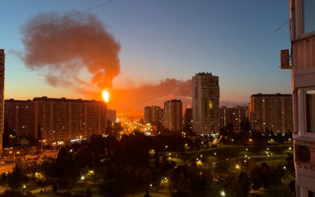 Flame and smoke is seen rising from Moscow’s oil refinery in the south east of the city following a largescale Ukrainian drone attack, September 20, 2026. (UGC via AP)