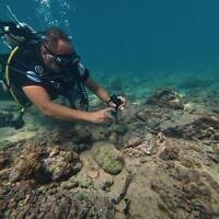 Manager of the Lebanon Diving Center, Youssef Jundi, takes video of pieces of ancient pottery at an archaeological site near the coast in the southern port city of Tyre, Lebanon, September 17, 2026. (Bilal Hussein/AP)