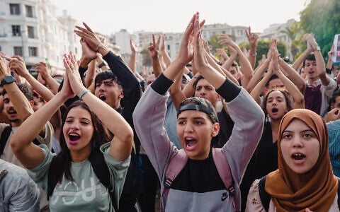 People protest against corruption and calling for healthcare and education reform, in Casablanca, Morocco, October 2, 2025. (AP Photo)