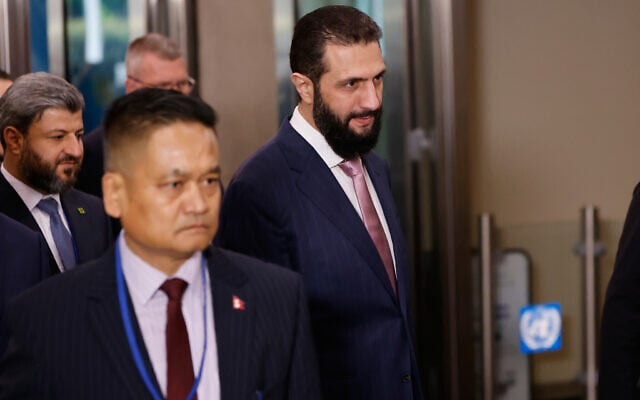 Syria’s President Ahmed al-Sharaa, right, arrives ahead of the 81st session of the United Nations General Assembly at United Nations headquarters, September 22, 2026. (AP Photo/Stefan Jeremiah)