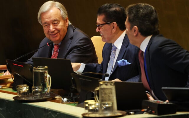 The United Nations Secretary-General Antonio Guterres, left, talks with others during the 81st session of the United Nations General Assembly at United Nations headquarters, September 22, 2026. (AP/Heather Khalifa) The United Nations Secretary-General Antonio Guterres, left, talks with others during the 81st session of the United Nations General Assembly at United Nations headquarters, September 22, 2026. (AP/Heather Khalifa)