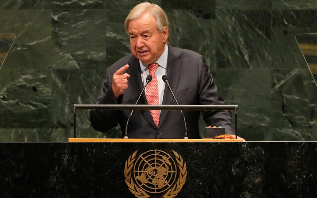 United Nations Secretary-General Antonio Guterres speaks during the 81st session of the United Nations General Assembly at United Nations headquarters, September 22, 2026. (AP/Seth Wenig) United Nations Secretary-General Antonio Guterres speaks during the 81st session of the United Nations General Assembly at United Nations headquarters, September 22, 2026. (AP/Seth Wenig)