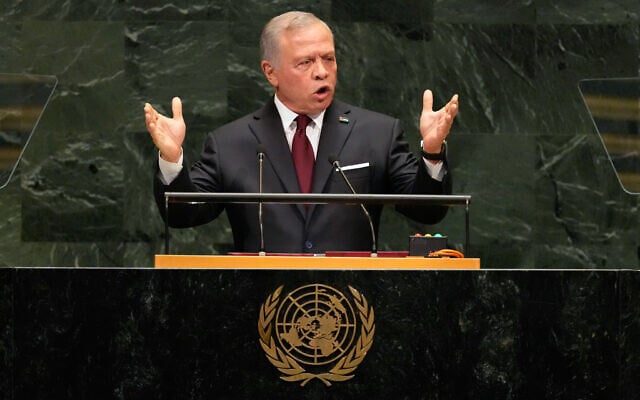 Jordan’s King Abdullah II speaks during the 81st session of the United Nations General Assembly at United Nations headquarters, September 22, 2026. (AP/Seth Wenig)