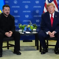US President Donald Trump meets with Ukraine’s President Volodymyr Zelensky during the United Nations General Assembly, September 22, 2026, at the UN headquarters. (AP/Julia Demaree Nikhinson)