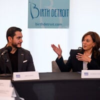 US senatorial candidate Abdul El-Sayed, left, and former US vice-president Kamala Harris participate in a roundtable discussion about reproductive health at Birth Detroit, in Detroit, September 22, 2026. (David Guralnick/Detroit News via AP, Pool)