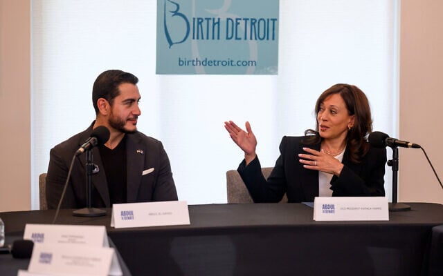 US senatorial candidate Abdul El-Sayed, left, and former US vice-president Kamala Harris participate in a roundtable discussion about reproductive health at Birth Detroit, in Detroit, September 22, 2026. (David Guralnick/Detroit News via AP, Pool) US senatorial candidate Abdul El-Sayed, left, and former US vice-president Kamala Harris participate in a roundtable discussion about reproductive health at Birth Detroit, in Detroit, September 22, 2026. (David Guralnick/Detroit News via AP, Pool)