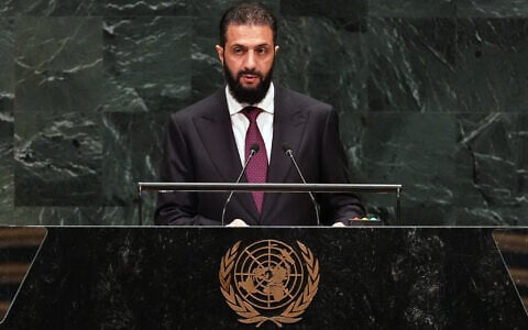 Syria’s President Ahmed al-Sharaa speaks during the 81st session of the United Nations General Assembly at United Nations headquarters, September 23, 2026. (AP Photo/Heather Khalifa)