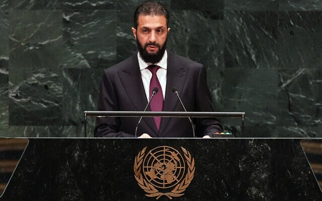 Syria’s President Ahmed al-Sharaa speaks during the 81st session of the United Nations General Assembly at United Nations headquarters, September 23, 2026. (AP Photo/Heather Khalifa)