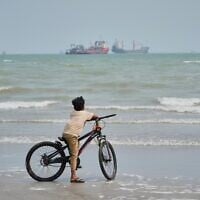 A gull flies overhead as a boy stands with his bicycle on a beach overlooking commercial vessels anchored in the Strait of Hormuz off Bandar Abbas, Iran, September 7, 2026. (AP Photo/Vahid Salemi)
