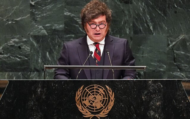 Argentina’s President Javier Milei speaks during the 81st session of the United Nations General Assembly at United Nations headquarters, September 23, 2026. (AP Photo/Heather Khalifa)