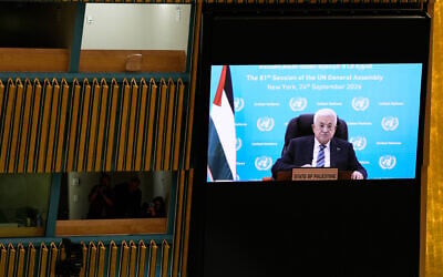 Palestinian President Mahmoud Abbas speaks via pre-recorded video during the 81st session of the United Nations General Assembly at United Nations headquarters, September 24, 2026. (AP Photo/Seth Wenig) Palestinian President Mahmoud Abbas speaks via pre-recorded video during the 81st session of the United Nations General Assembly at United Nations headquarters, September 24, 2026. (AP Photo/Seth Wenig)