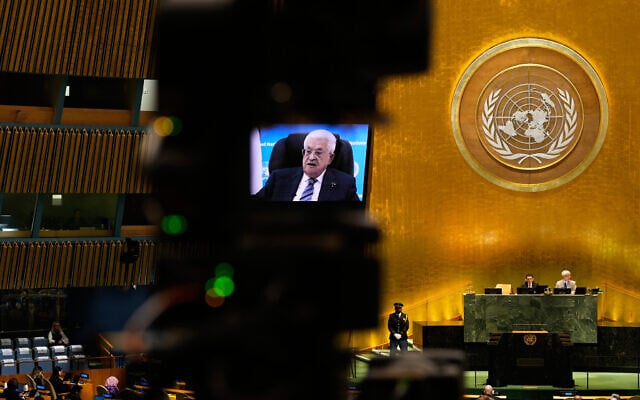 Palestinian Authority President Mahmoud Abbas speaks via pre-recorded video after being denied a visa to attend in person during the 81st session of the United Nations General Assembly at United Nations headquarters, September 24, 2026. (AP Photo/Seth Wenig)