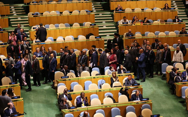 Delegates leave as Prime Minister Benjamin Netanyahu speaks during the 81st session of the United Nations General Assembly at United Nations headquarters in New York on September 24, 2026. (AP Photo/Heather Khalifa)