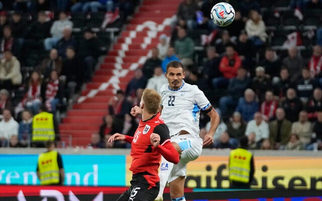 Israel’s Saied Abu Farchi, right, scores his sides first goal past Austria’s Philipp Lienhart during the Nations League Group B3 soccer match between Austria and Israel in Linz, Austria, September 24, 2026. (AP Photo/Matthias Schrader)