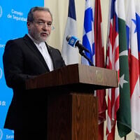 Iran’s Foreign Minister Abbas Araghchi speaks to the media during the 81st session of the United Nations General Assembly at United Nations headquarters, September 25, 2026. (Yuki Iwamura/AP)