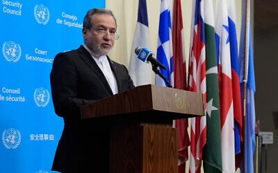 Iran’s Foreign Minister Abbas Araghchi speaks to the media during the 81st session of the United Nations General Assembly, in New York City, September 25, 2026. (AP Photo/Yuki Iwamura) Iran’s Foreign Minister Abbas Araghchi speaks to the media during the 81st session of the United Nations General Assembly, in New York City, September 25, 2026. (AP Photo/Yuki Iwamura)