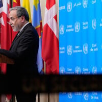 Iran’s Foreign Minister Abbas Araghchi speaks to the media during the 81st session of the United Nations General Assembly at United Nations headquarters, September 25, 2026. (Yuki Iwamura/AP)