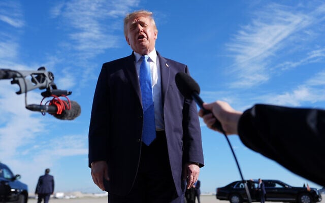 US President Donald Trump speaks with reporters upon arriving at Chicago O’Hare International Airport, September 27, 2026, in Chicago. (AP Photo/Julia Demaree Nikhinson) US President Donald Trump speaks with reporters upon arriving at Chicago O’Hare International Airport, September 27, 2026, in Chicago. (AP Photo/Julia Demaree Nikhinson)