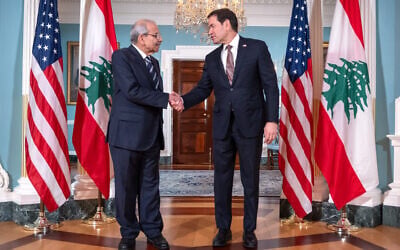 US Secretary of State Marco Rubio, right, shakes hands with Lebanon’s Prime Minister Nawaf Salam at the State Department, September 28, 2026, in Washington. (AP Photo/Mark Schiefelbein)