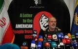 Iran’s Revolutionary Guard spokesman Gen. Hossein Mohebbi speaks during a news conference in Tehran, Iran, September 29, 2026. (AP Photo/Vahid Salemi)