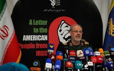 Iran’s Revolutionary Guard spokesman Gen. Hossein Mohebbi speaks during a news conference in Tehran, Iran, September 29, 2026. (AP Photo/Vahid Salemi)