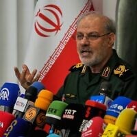 Iran’s Revolutionary Guard spokesman Gen. Hossein Mohebbi speaks during a news conference in Tehran, Iran, September 29, 2026. (AP Photo/Vahid Salemi)