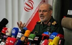 Iran’s Revolutionary Guard spokesman Gen. Hossein Mohebbi speaks during a news conference in Tehran, Iran, September 29, 2026. (AP Photo/Vahid Salemi)