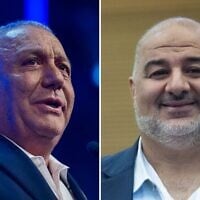 Yashar party chair Gadi Eisenkot (L) in Rosh HaAyin, September 7, 2026, and Ra'am party chair Mansour Abbas in Jerusalem, September 7, 2026. (Chaim Goldberg/Flash90, Yonatan Sindel/Flash90)