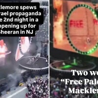 Macklemore performs at MetLife Stadium in East Rutherford, New Jersey, September 5, 2026, as a screen behind him displays a message reading, “Holocaust survivor says stop the genocide in Gaza.” (Screenshot/X; used in accordance with Clause 27a of the Copyright Law)