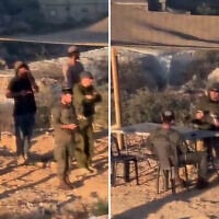 IDF soldiers are filmed praying with settlers at an illegal outpost used to lay siege to Palestinians in the village of Qusra, August 10, 2026. (Screen capture/X; used in accordance with clause 27a of the copyright law.)