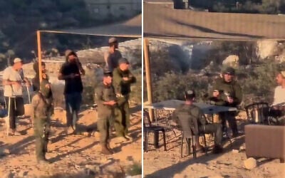 IDF soldiers are filmed praying with settlers at an illegal outpost used to lay siege to Palestinians in the village of Qusra, August 10, 2026. (Screen capture/X; used in accordance with clause 27a of the copyright law.) IDF soldiers are filmed praying with settlers at an illegal outpost used to lay siege to Palestinians in the village of Qusra, August 10, 2026. (Screen capture/X; used in accordance with clause 27a of the copyright law.)