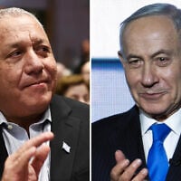 Yashar party chief Gadi Eisenkot (left) and Prime Minister Benjamin Netanyahu, seen in a photo montage at separate election events in 2026. (Flash90)