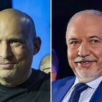 L: Former prime minister Naftali Bennett at a B'Yachad party event in Tel Aviv, September 6, 2026. R: Yisrael Beytenu chair Avigdor Liberman at a party event in Tel Aviv, September 6, 2026. (Flash90, Avshalom Sassoni/Flash90)