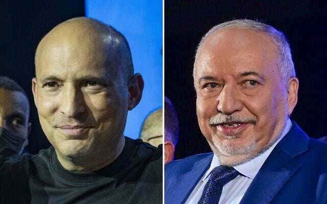 L: Former prime minister Naftali Bennett at a B'Yachad party event in Tel Aviv, September 6, 2026. R: Yisrael Beytenu chair Avigdor Liberman at a party event in Tel Aviv, September 6, 2026. (Flash90, Avshalom Sassoni/Flash90)