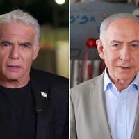 This composite image shows Opposition Leader Yair Lapid (L) and Prime Minister Benjamin Netanyahu speaking in video statements they each released on September 29, 2026. (Screenshot via Yair Lapid's X account, Screenshot/Ma’ayan Toaf/GPO)