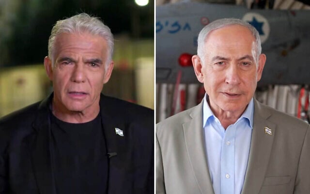 This composite image shows Opposition Leader Yair Lapid (L) and Prime Minister Benjamin Netanyahu speaking in video statements they each released on September 29, 2026. (Screenshot via Yair Lapid's X account, Screenshot/Ma’ayan Toaf/GPO)