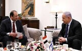 This official government handout photo shows Prime Minister Benjamin Netanyahu hosting Egyptian spy chief Abbas Kamel at his official residence in Jerusalem, May 30, 2021. (Amos Ben Gershom/GPO)