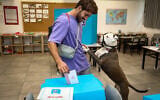A man casts his vote with his dog at a voting station in Tel Aviv, during the Knesset Elections, on November 1, 2022. (Gideon Markowicz/Flash90)