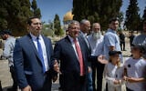 National Security Minister Itamar Ben Gvir, minister Yitzhak Wasserlauf, and MK Yitzhak Kroizer visit the Temple Mount in the Old City of Jerusalem, on Jerusalem Day, May 26, 2025. (Yonatan Sindel/Flash90)
