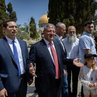 National Security Minister Itamar Ben Gvir, minister Yitzhak Wasserlauf, and MK Yitzhak Kroizer visit the Temple Mount in the Old City of Jerusalem, on Jerusalem Day, May 26, 2025. (Yonatan Sindel/Flash90)
