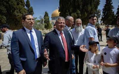 National Security Minister Itamar Ben Gvir, minister Yitzhak Wasserlauf, and MK Yitzhak Kroizer visit the Temple Mount in the Old City of Jerusalem, on Jerusalem Day, May 26, 2025. (Yonatan Sindel/Flash90) National Security Minister Itamar Ben Gvir, minister Yitzhak Wasserlauf, and MK Yitzhak Kroizer visit the Temple Mount in the Old City of Jerusalem, on Jerusalem Day, May 26, 2025. (Yonatan Sindel/Flash90)
