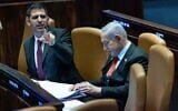 Prime Minister Benjamin Netanyahu and Communications Minister Shlomo Karhi attend a 40 signatures debate in Knesset, May 28, 2025. (Yonatan Sindel/Flash90)