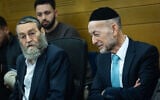 United Torah Judaism MKs Moshe Gafni and Uri Maklev attend a National Security Committee meeting at the Knesset on February 9, 2026. (Yonatan Sindel/Flash90)