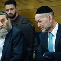United Torah Judaism MKs Moshe Gafni (left) and Uri Maklev attend a National Security Committee meeting at the Knesset on February 9, 2026. (Yonatan Sindel/Flash90)