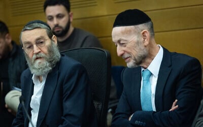 United Torah Judaism MKs Moshe Gafni and Uri Maklev attend a National Security Committee meeting at the Knesset on February 9, 2026. (Yonatan Sindel/Flash90)