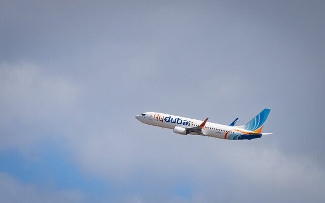 A Flydubai passenger aircraft takes off from Ben Gurion International Airport near Tel Aviv on February 25, 2026. (Chaim Goldberg/Flash90)