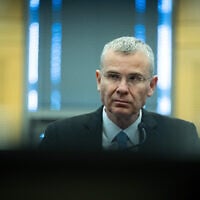 Justice Minister Yariv Levin at a press conference in the Knesset, May 10, 2026. (Yonatan Sindel/Flash90)
