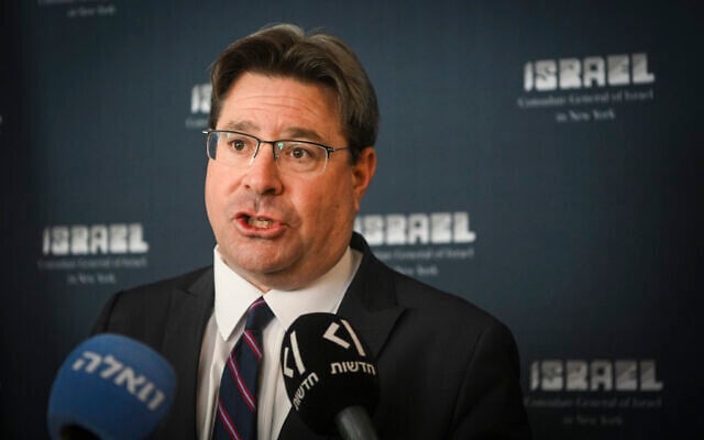 Ofir Akunis, Israeli Consul General in New York, attends the Israel Day Parade in New York City, May 31, 2026. (Arie Leib Abrams/Flash90)