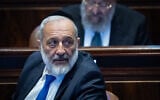 Shas chairman Aryeh Deri attends a vote at the plenum hall of the Knesset in Jerusalem, on July 16, 2026. (Yonatan Sindel/Flash90)