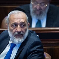 Shas chairman Aryeh Deri attends a vote at the plenum hall of the Knesset in Jerusalem, on July 16, 2026. (Yonatan Sindel/Flash90)